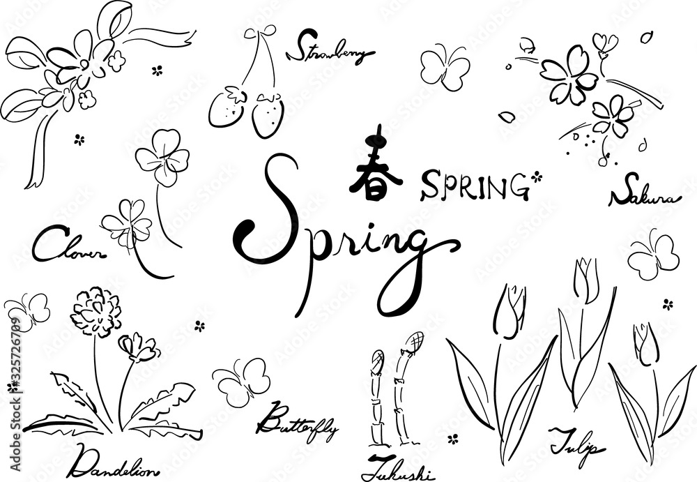 線画 単色 白黒 モノクロ グレー 春セット 春 Spring 春素材 春集合 ベクター セット 集合 素材 花 植物 春の花 桜 さくら サクラ チューリップ イチゴ いちご 苺 たんぽぽ タンポポ クローバー 四つ葉 つくし 土筆 蝶 蝶々
