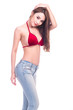 © Sasils Production - Cute asian woman in red bikini and jeans isolated in white background. Stroking hair. Sexy summer concept.