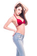 © Sasils Production - Cute asian woman in red bikini and jeans isolated in white background. Touching head. Sexy summer concept.