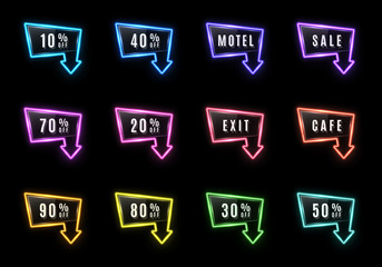 Wall Mural - glowing neon arrow sign set on black background. motel cafe exit light bulbs pointer. sale direction