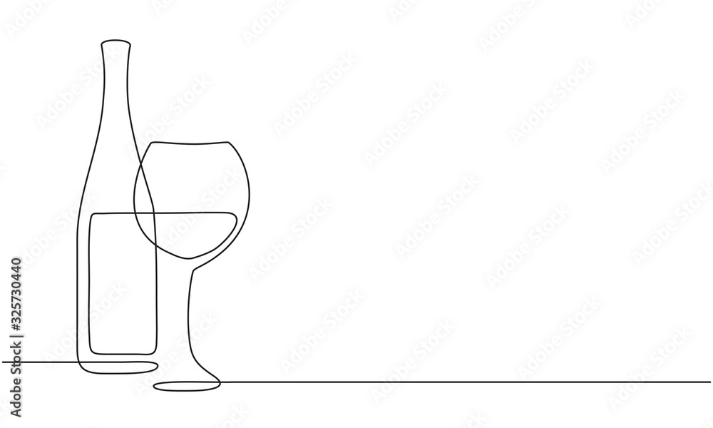 Wine glass and bottle of wine. Vector. Continuous line drawing - obrazy, fototapety, plakaty 