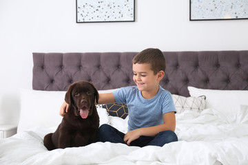 Sticker - Funny puppy and little boy on bed at home. Friendly dog