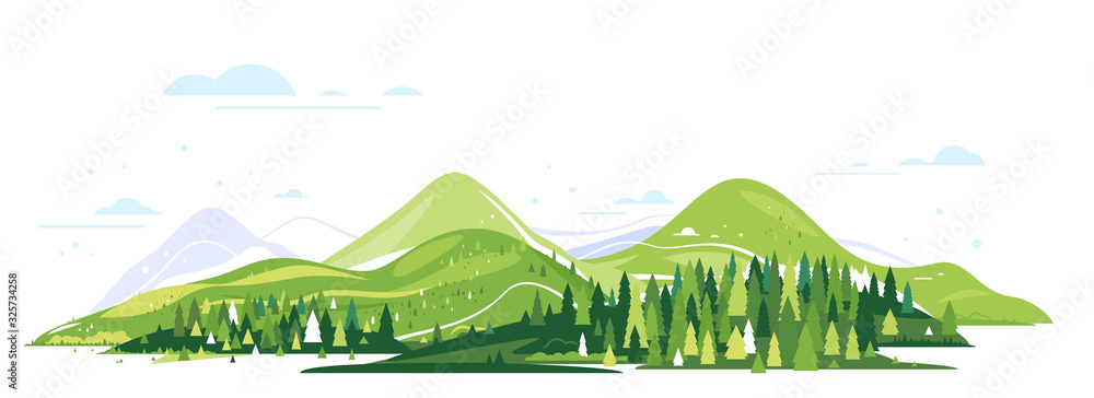 Green mountains with spruce forest around, nature tourism landscape illustration isolated, sample creative panorama of mountains - obrazy, fototapety, plakaty 