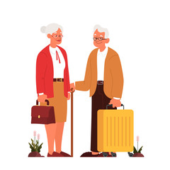 Wall Mural - Vector illustration of elderly tourist with laggage and handbag.