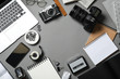 © New Africa - Flat lay composition with equipment for journalist on grey table, space for text