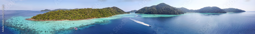 Amazing aerial view of Surin Islands from drone on a sunny day, Thailand. Surin National Park - obrazy, fototapety, plakaty 