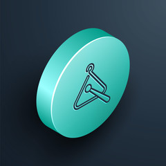 Isometric line Triangle musical instrument icon isolated on black background. Turquoise circle button. Vector Illustration