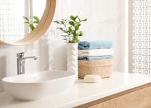 Stylish Bathroom Interior With Mirror And Countertop. Design Idea