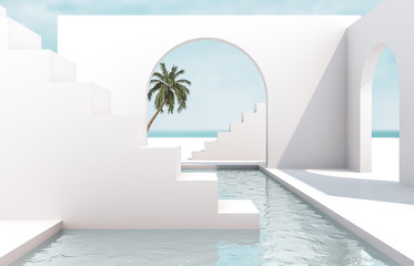 Leinwandbilder - Scene with geometrical forms, arch with a podium in natural day light. minimal landscape background. sea view. Summer scene. 3D render background.