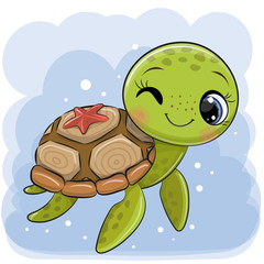 Sticker - Cartoon water turtle on a blue background