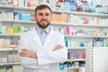 portrait of professional pharmacist in modern drugstore