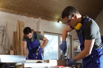 Sticker - Professional carpenters working with wood in shop