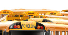Yellow School Buses On White Background. Transport For Students