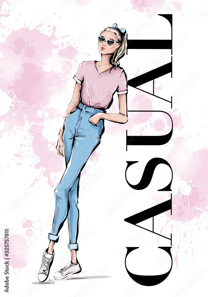 Hand drawn beautiful young woman in casual clothes. Stylish girl. Fashion  woman look. Sketch. Fashion illustration. Stock Illustration | Adobe Stock