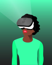 Illustration Of Young Woman With Virtual Reality Glasses With Light Beam, Standing, Looking Up.