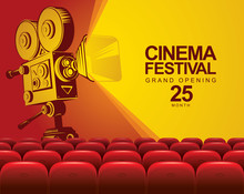 Vector Cinema Festival Poster With Old Fashioned Movie Camera. Cinema Hall With Big Screen And Red Seats. Empty Movie Theatre. Can Be Used For Banner, Poster, Web Page, Background