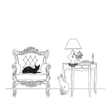 Drawing Of The Interior Of The Room, A Chair With A Cat, A Vase Of Flowers And A Lamp On The Table, A Sketch With Contour Lines. Vector Illustration