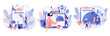 © Marta Sher - Food blogging. Recipes online. Professional chef holding dish. Tiny People Cook in Chef Cap. Modern flat cartoon style. Vector illustration on white background