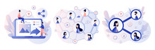 Share Concept. Tiny People Sharing Data, Photos, Links, Posts And News In Social Networks. Modern Flat Cartoon Style. Vector Illustration On White Background