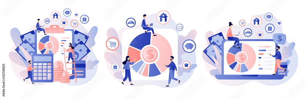 Budget management. Personal financial control. Cash flow. Tiny people is planning the personal budget. Modern flat cartoon style. Vector illustration on white background - obrazy, fototapety, plakaty 