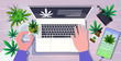 © mast3r - human hands using laptop medical cannabis leaves drugs consumption marijuana products at workplace desk top angle view horizontal vector illustration