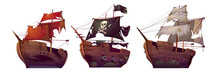 Ships After Shipwreck, Old Broken Sail Boats. Vector Cartoon Abandoned Or Sunken Galleon, Pirate Vessel With Black Flag And Skull After Sea Battle Isolated On White Background