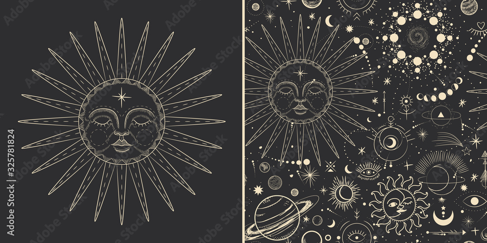 Vector illustration set of moon phases. Different stages of moonlight activity in vintage engraving style. Zodiac Signs - obrazy, fototapety, plakaty 