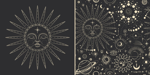 Vector illustration set of moon phases. Different stages of moonlight activity in vintage engraving style. Zodiac Signs