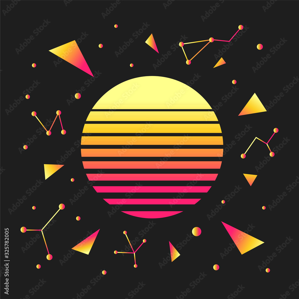 Sunset gradient in retro 80s night sky background. Starry sky. Retro futuristic vector illustration.