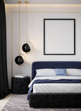 3D Rendering Of The Bedroom With Black And Blue Textile With Beige Accents. Warm Light Creating A Beautiful Effect In Gold Metal. Large Photo Frame Above The Head Of The Bed.