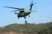 South Korean Army Special Forces Coming Down From Helicopters By Fast Ropes.