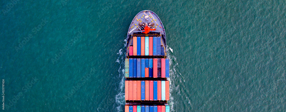  Top View  Cargo containers ship logistics transportation Container Ship Vessel Cargo Carrier. import export logistic international export and import services export products worldwide - obrazy, fototapety, plakaty 