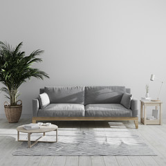 Modern minimalist living room interior mock up with gray sofa and palm tree, gray living room interior background, scandinavian style, living room in gray tones, 3d rendering