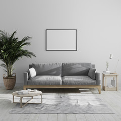 Wall Mural - blank horizontal picture frame mock up in modern minimalist living room interior with gray sofa and 