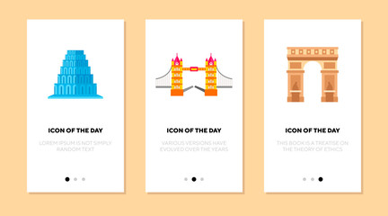 Poster - Historical construction flat icon set. Bridge, arch, building isolated vector sign pack. Sightseeing and tourism concept. Vector illustration symbol elements for web design and apps