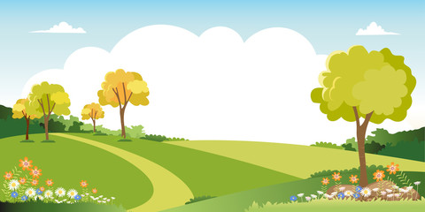 Spring landscape with blue sky and clouds,Panorama Green fields with copy space, fresh and peaceful rural nature in springtime with green grass land. Cartoon vector illustration for kids banner