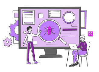 Wall Mural - programmers testing new application. male developers fixing bugs, using computer, working together. 