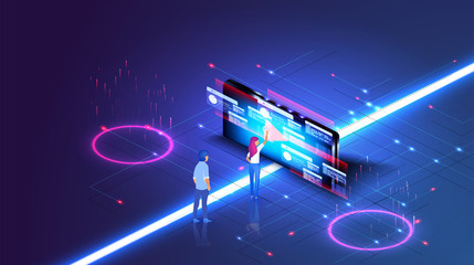 Fototapete - Modern isometric design concept of Online Education for website in modern blue style. Data information blocks, projected hi tech data, technology. People look at the screen and using cloud technology