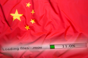 Poster - Downloading files on a computer, China flag