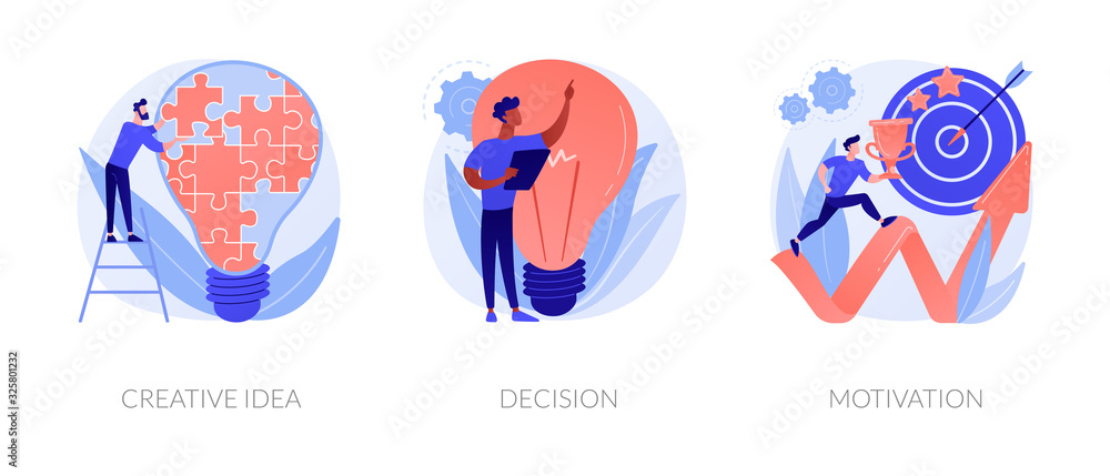 Innovative business strategy icons set. Brainstorm, problem solution development, personal growth. Creative idea, decision, motivation metaphors. Vector isolated concept metaphor illustrations - obrazy, fototapety, plakaty 