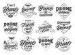 Set of vintage Drone emblems and stamps. Flying club badges, stickers on white background isolated.