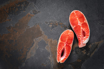 Canvas Print - Salmon. Fresh raw salmon fish steaks.Top view