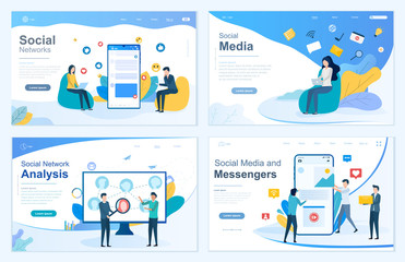 Wall Mural - set of four network web templates depicting people using digital devices and apps for social network