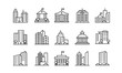 Big city buildings linear icons set. Urban architecture. State institutions, religious and cultural monuments. Educational centres and residential buildings pack isolated on white background.