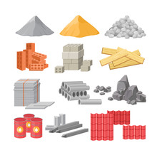 Building Materials Flat Vector Illustrations Set. Cement, Sand And Gravel Piles. Construction, Renovation Works Supplies. Bricks And Timber Isolated On White. Oil Barrels, Metal Beams And Roof Tile.
