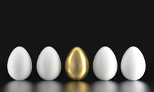 Five Eggs Ordered In A Line - Four Eggs White, One Egg Gold. 3d Rendering