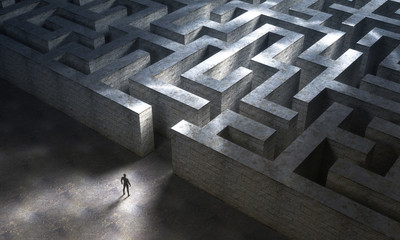 Small man entering a huge mysterious maze. 3d rendering