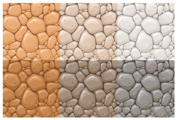 Stone surface vector seamless patterns set. Multicolor rocks, cobblestone textures collection. Orange, brown and grey stone wall background. Vintage wallpaper, creative textile print design.