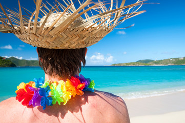 Wall Mural - Unrecognizable tourist wearing woven palm frond hat and rainbow flower lei standing in front of a vibrant blue tropical paradise 