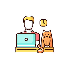 Wall Mural - Pet friendly office RGB color icon. Domestic animal permitted territory, workspace. Cat and office manager at workplace, kitten and human working on computer. Isolated vector illustration